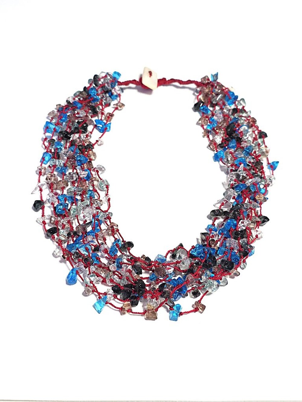 Knotted blue & clear glass multi-row necklace